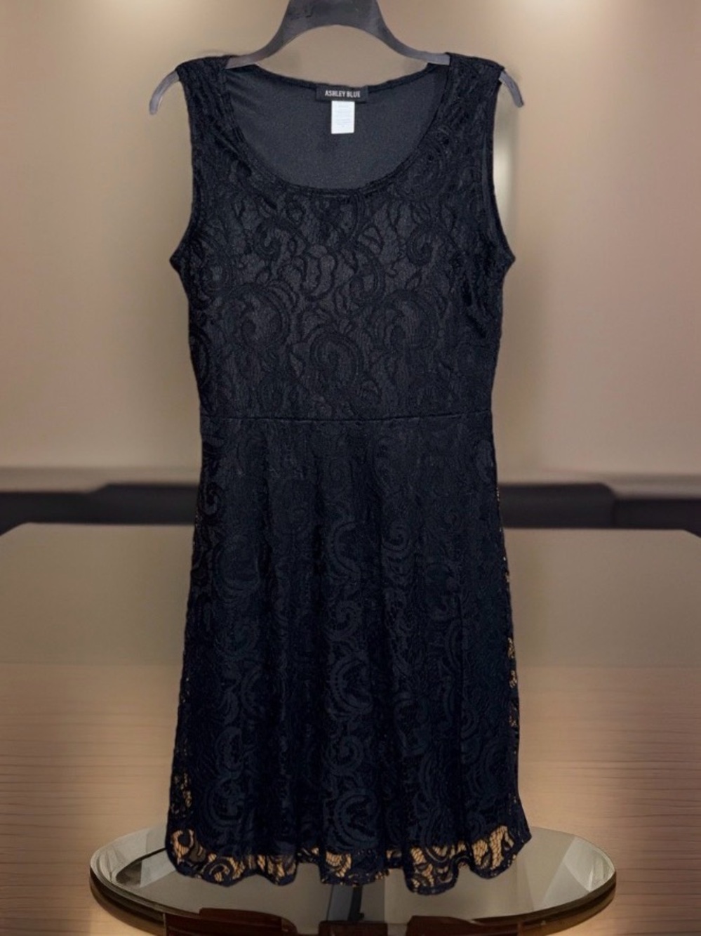 Ashley Blue Black Sleeveless Lace Fit-and-Flare Mini Dress-L-EC